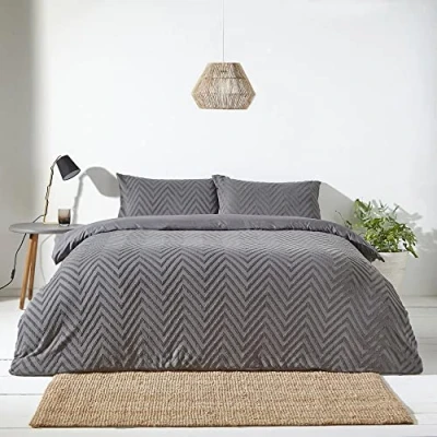 Image of The Linen Yard Chevron Tuft Single Duvet Cover Set, Cotton, Charcoal