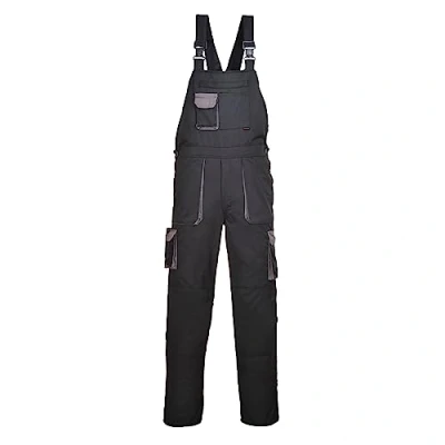 Image of Portwest TX12 Men&#039;s Texo Contrast Bib and Brace Work Overalls Workwear Dungarees with Elasticated Back Storage Pockets Black, 4X Large