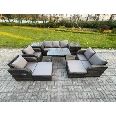 Image of Outdoor Rattan Garden Furniture Set 9 Seater Patio Lounge Sofa with Dining Table 2 Big Footstool Side Tables Dark Grey Mixed Fimous