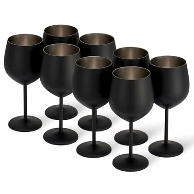 Image of Oak &amp; Steel 8 Elegant Black Stainless Wine Glasses, 540ml Unbreakable Glass Gift Set, for Indoor or Outdoor Use, Birthdays, Garden Parties, BBQs
