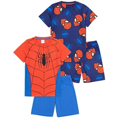 Image of Marvel Spider Man Boys Pyjama Set 2 Pack Blue &amp; Red Short Sleeve T Shirt with Shorts PJs for Kids Nightwear Costume Superhero Pyjamas Movie Game Merchandise Gift Children