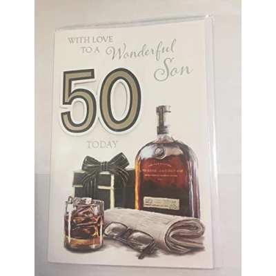 Image of With Love To A Wonderful Son 50 Today Birthday Card Age 50th Fifty White/Gold/Black Whisky/Words 3D/Foil Detail(PRELUDE45673)