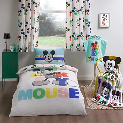 Image of Disney Home Mickey Mouse Reversible Two Sided Duvet Cover Set, 100% Cotton, Single Size, 2 Pieces, Multi Coloured, 135x200cm + 50x70cm (54&quot; x 79&quot; inches)