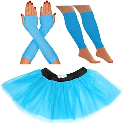 Image of 80s Fancy Dress for Women Neon tutu Skirt costume Party Accessories 1980s Costumes Leg Warmers Fishnet Gloves Rave Retro Outfit (14 22 UK, Turquoise)