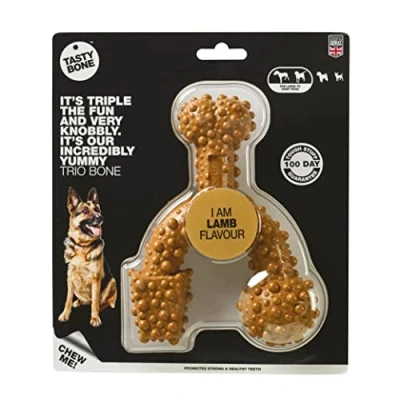 Image of TastyBone TrioBone Nylon Dog Chew Toy for Large Dogs (Lamb) Indestructible Aggressive Chewers, Everlasting Flavour, Strong Healthy Teeth, Made in the UK
