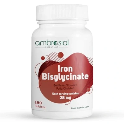 Image of Ambrosial Iron Bisglycinate High Absorption Supplements 28mg Gluten Free Supplements, Tiredness and Fatigue Strength Tablets for Women Men 180