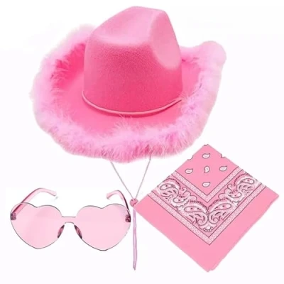 Image of Cowboy Hat Women, Felt Fluffy Feather Trim Cowgirl Hat,Wide Brim Fancy Dress Hats with Heart Glasses Bandana Scarf for Halloween Birthday Hen Party Wedding