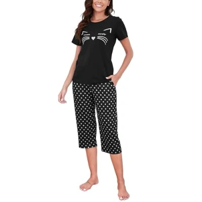 Image of Reliwel Women&#039;s Pyjama Sets Cotton Pyjamas Short Sleeve Top and Cropped Pants with Pockets two Pieces Printed Pj Soft Comfy Nightwear Sleepwear Casual Loungewear S XXL Black