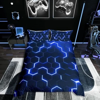 Image of Homewish Honeycomb Comforter Cover Neon Light Geometric Bedding Set Single For Kids Boys Teens,Geometry Hexagonal Duvet Soft Microfiber Quilt Zipper 1 Pillow Case Blue Black Room Decor