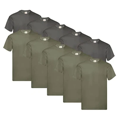 Image of Fruit of the Loom Men&#039;s Original T Shirt (Pack 10), 5 x Graphite + Olive 1 Hl Purchase Notepad, M