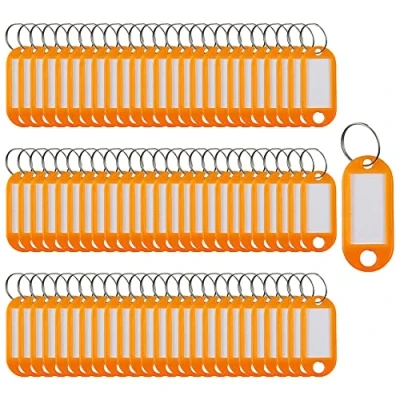 Image of Key Tags 100 Pieces Keyring Labels Plastic Fobs Id Rings Name Luggage with Split Ring (Orange)