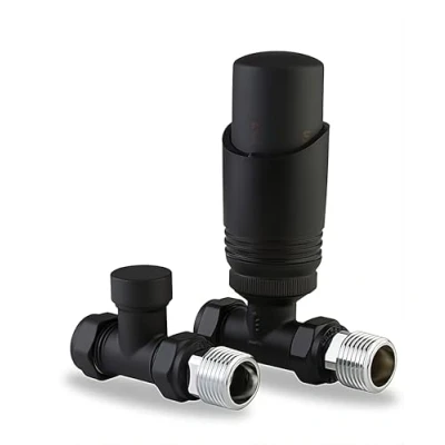 Image of Team Controls Matt Black Straight Thermostatic TRV Radiator Valve &amp; Lockshield 15mm x 1/2&quot; Pack
