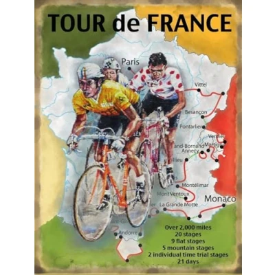 Image of Tour de France Map Metal Sign Nostalgic Vintage Retro Advertising Enamel Wall Plaque 200mm x 150mm