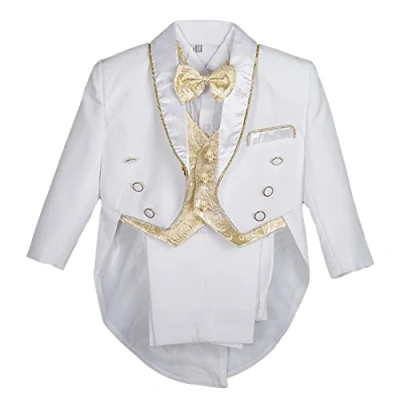 Image of Lito Angels Kids Boys Tuxedo Wedding Suits &amp; Blazers, Christening Baptism Formal Outfit 5 Pieces Set with Gold Jacquard Waistcoat, Age 3 4 Years, White