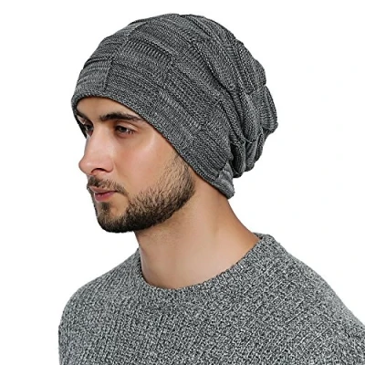 Image of DonDon Beanie hat men Winter Knit knitted Long Slouch with fleece lining Grey White