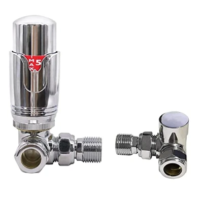 Image of Warmehaus Chrome Thermostatic Radiator Valve 15mm x 1/2&quot; Corner TRV + Lockshield for Heated Towel Rail