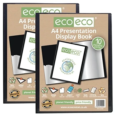 Image of eco A4 Size 50% Recycled 10 Pocket Black Presentation Display Book, Storage Case Portfolio Art Folder with Plastic Sleeves (Pack of 2 Books),Black,eco042x2