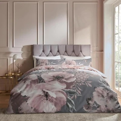 Image of Catherine Lansfield Dramatic Floral Single Duvet Set Grey
