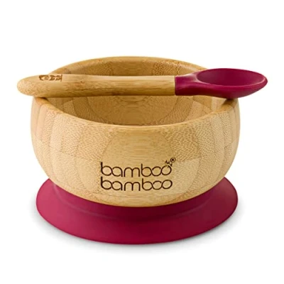 Image of bamboo Baby Bowl and Spoon Set, Bowls for Weaning, Suction with Silicone Ring, Toddler Spoon, Weaning Babies from 6 Months (Cherry)