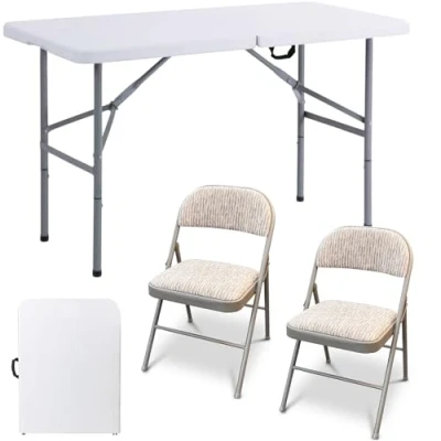 Image of Crystals White Folding Table with Deluxe Fabric Padded Metal Chairs Camping Chair &amp; Set, Outdoor, Dining, Trestle, Portable Furniture (4ft 2 Chairs)