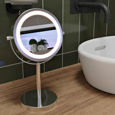 Image of Croydex Chrome Illuminated Battery Operated Pedestal Mirror with 3x magnifying, H:30cm x W:12cm D:18cm, MM703000E