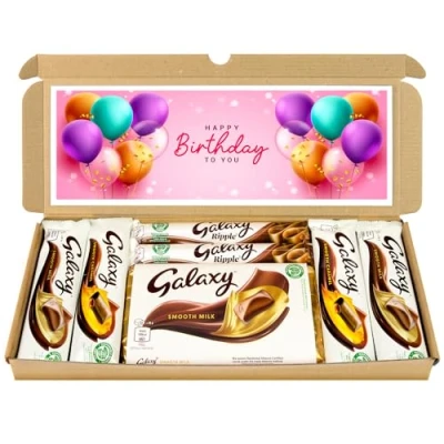 Image of Chocolate Hamper Letter Box Gift Selection Fullsize Galaxy bars Ideal Gifts For Women, Men, Kids (Happy Birthday (Pink), Full Size)