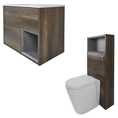 Image of Milano Bexley Dark Oak 610mm Bathroom Vanity Unit with Basin, Toilet WC and Back to Wall Pan