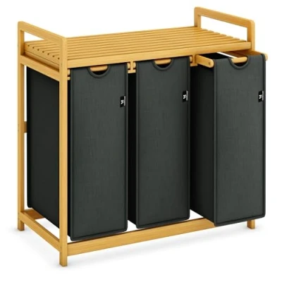Image of AdelDream Laundry Basket with Bamboo Frame 150 L 3 Compartments Baskets Arch Design Sorter Light Grey 06 16