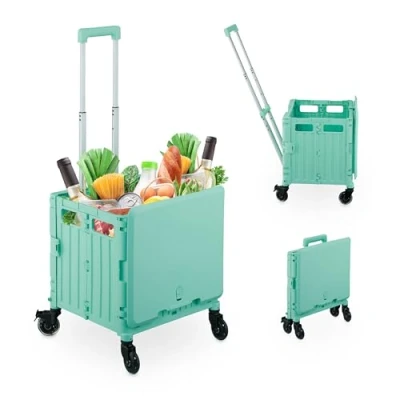 Image of Relaxdays Foldable Shopping Trolley, Collapsible Basket on 4 Wheels, up to 35 kg Capacity, Telescopic Handle, Turquoise, Iron, 101 x 43 44 cm