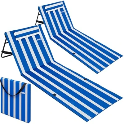 Image of Detex® 2x Folding Beach Lounger With Adjustable Backrest Lightly Padded Foldable Sun Bed Side Pocket Cushion Shoulder Strap Weatherproof Mat Blue And White