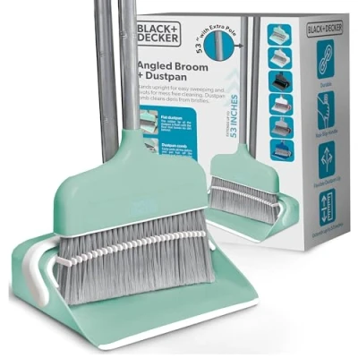 Image of BLACK+DECKER Butler Broom &amp; Dustpan Set Short Handle, Stand Up Design Lightweight, Space Saving Combo for Kitchen, Living Room, Bathroom, Lobby Floors Home Cleaning Essential, Teal/Grey