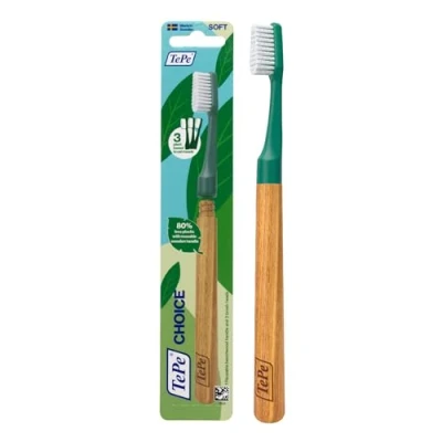 Image of TePe Choice Toothbrush, Soft, Green, 1pc, Wooden Handle, 3pcs Brush Heads, Soft Bristle Good for Teeth Cleaning and Plaque Removal