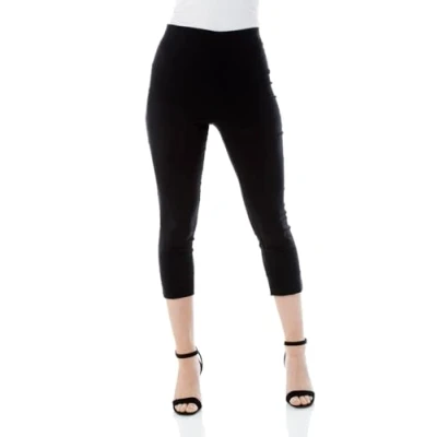 Image of Roman Originals Cropped Trousers for Women UK Ladies Capri Leggings Summer Pants Short Crop Stretch 3/4 Length Three Quarter Pedal Pusher Clothes Elasticated Bengaline Cut Off Black Size 22