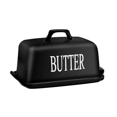 Image of JSHKY Butter Dish, Porcelain Keeper with Lid, Large Ceramic Storage, Container for Counter, Color Black.