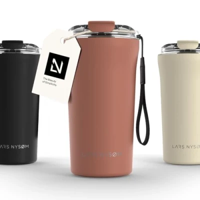 Image of LARS NYSØM Thermo Coffee Mug to Go with Strap 17oz Travel 0.5 Liter Insulation Leak Proof Stainless Steel Thermal for and Tea (Brick Red, 500ml)
