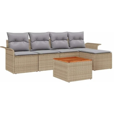Image of vidaXL 6 Piece Garden Sofa Set with Cushions Beige Poly Rattan Acacia