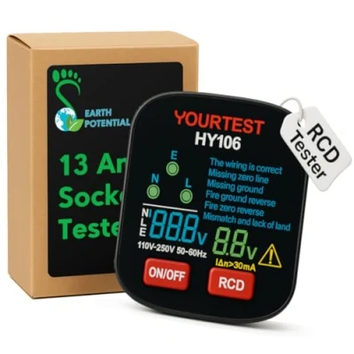 Image of Digital Full Screen Socket Tester, Mains Outlet Tester with LCD Voltage Meters and Connectivity Display, RCD Measures Live Neutral Earth, Fault Indication for Missing Connection