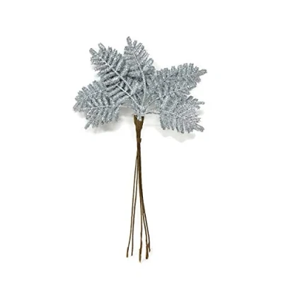 Image of 5 Stem Glitter Artificial Fern Bundle x 31cm Christmas Red Green or Silver (Silver)