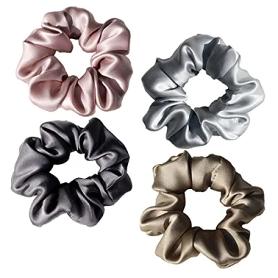 Image of 100% Pure 19 Momme Mulberry Silk Scrunchies Soft Sleeping Hair Ties frindly Brocade Ponytail Holders for Women and Girls