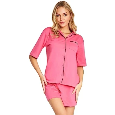 Image of Womens Pyjamas Summer Nightwear 2 Piece 100% Cotton Button Down Short PJs for Women Sets Soft Breathable Lounge Wear Cute Sizes S XL Sleeve Sleepwear (Pink, S)