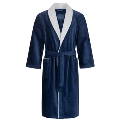 Image of Morgenstern Long Dressing Gown Men Velour Bathrobe Shower I Large Navy Blue/Light Grey