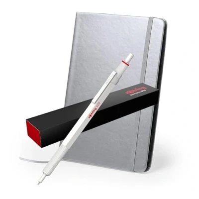 Image of rOtring 600 Metallic Ballpoint Pen + Notebook Medium Point Pearl White Barrel with Non Slip Knurled Grip Refillable