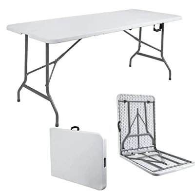 Image of Heavy Duty 6ft Folding Table Plastic Trestle for Garden Patio BBQ Picnic Party Dining Camping Catering Market White with Carrying Handle