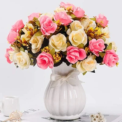 Image of LESING Artificial Silk Rose with Vase Fake Flowers Wedding Bouquets Arrangement Home Office Party Centerpiece Table Decoration (Pink 1)
