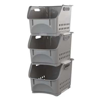 Image of Bblina 3 tier Kitchen Stackable Storage Baskets, Grey Stacking Baskets