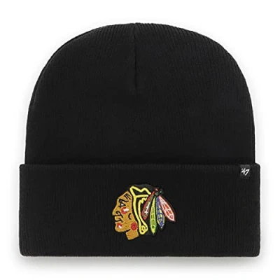 Image of 47 NHL Chicago Blackhawks Haymaker Cuff Knit Unisex Beenie, Indian Badge Logo, Colour Black