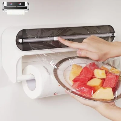 Image of Quasziwa Magnetic Cling Film Dispenser and Cutter Advanced 2 in 1 Wall Mounted Kitchen Roll Holder, Refillable Wrap &amp; Aluminium Tin Foil with Paper Towel Fits 12&quot; Roll, Black