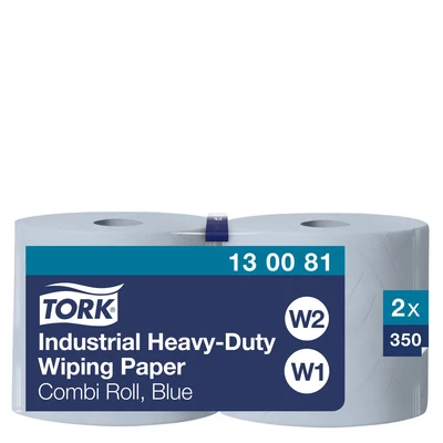Image of Tork 130081 Industrial Heavy Duty Wiping Paper / 3 Ply Absorbent QuickDry Roll Suitable for W1 &amp; W2 Systems Blue 2 x 119m Ø 26.2cm