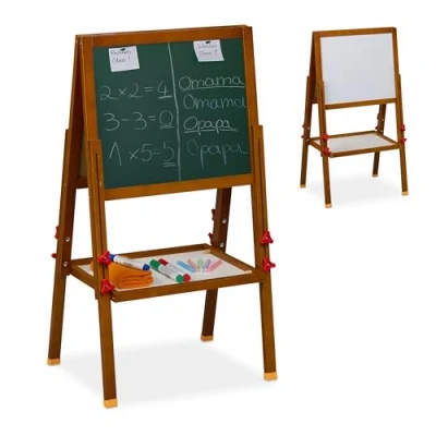 Image of Relaxdays Children&#039;s Easel, Magnetic Board, Height Adjustable, max HWD: 104 x 45 42 cm, Whiteboard &amp; Chalkboard, Brown