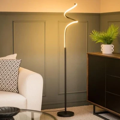 Image of Matt Black Single Spiral Twist Floor Lamp Integrated LED Standing Light Living Room Lounge Lighting